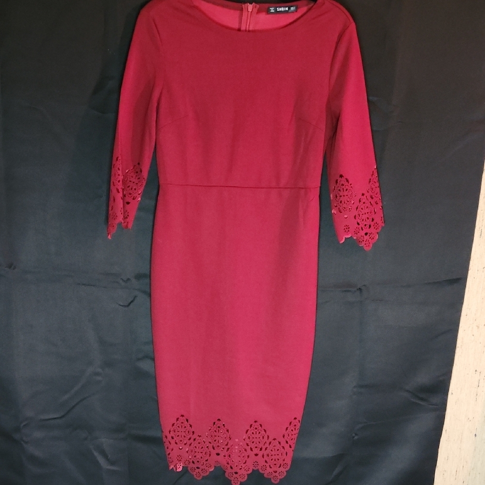 SHEIN Red Knee-Length Lace Trimmed Sheath Dress